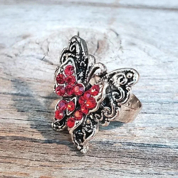 Vintage Y2K 90s Red Crystal Butterfly Silver Adjustable Cocktail Ring - Picture 6 of 8